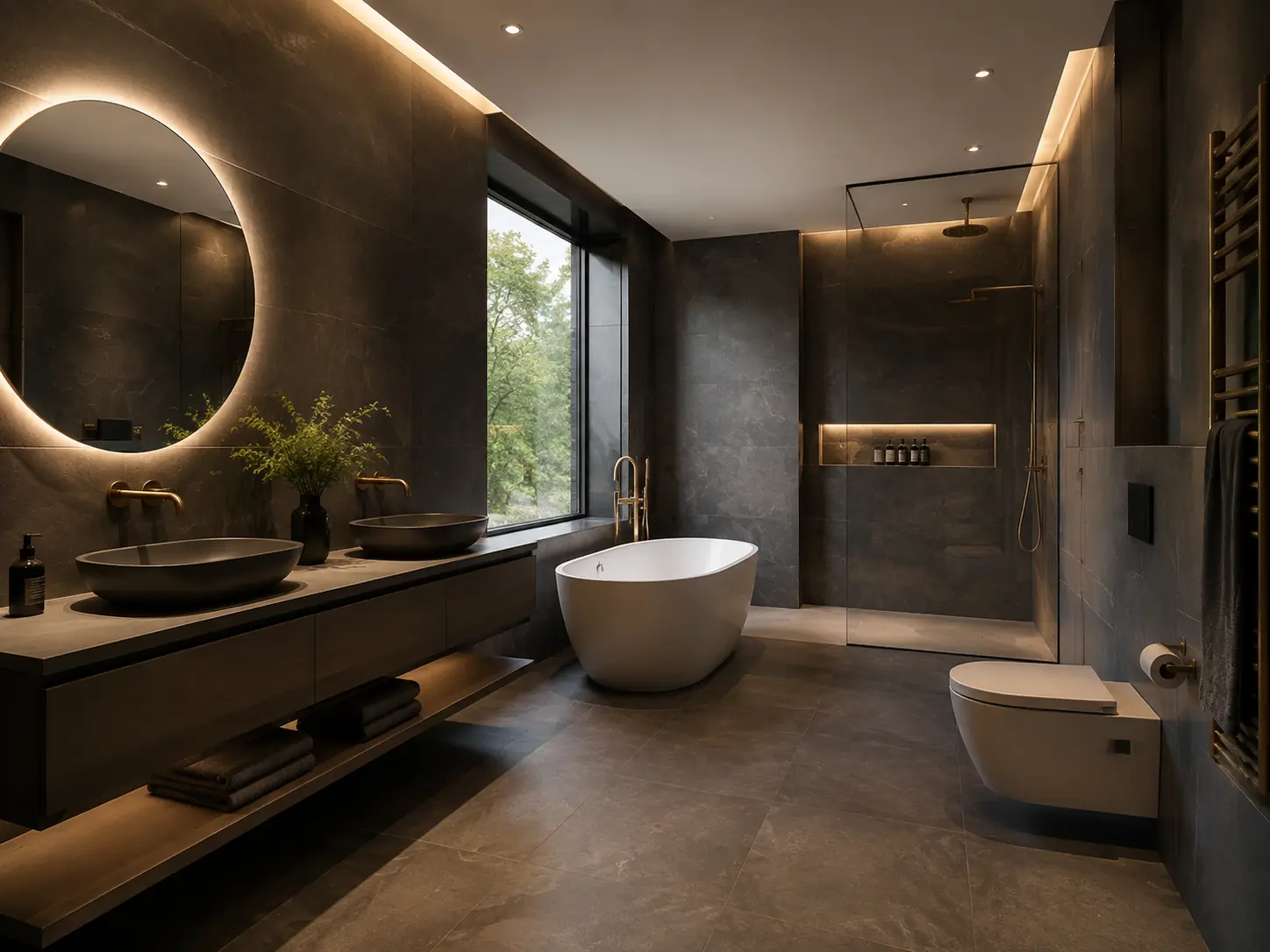 Modern bathroom with vanity cabinet, tub and brassware
