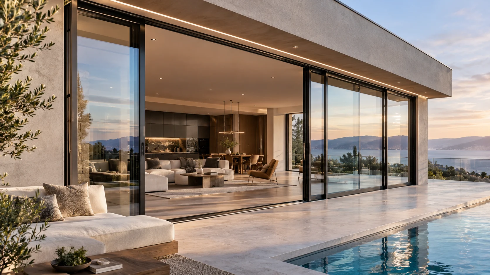 Thermal-break aluminium sliding glass doors opening to a terrace