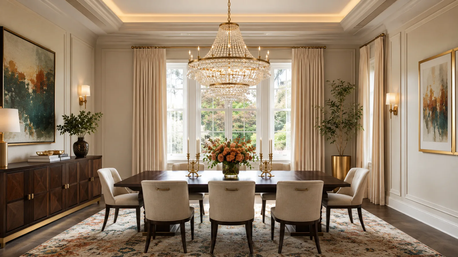 Crystal chandelier over a dining table