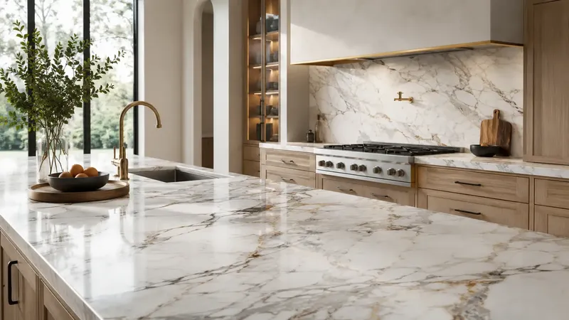 Vein-matched marble kitchen countertop and backsplash