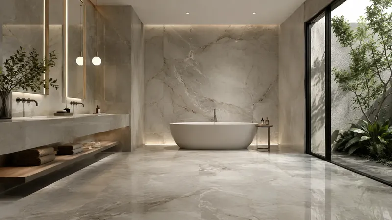 Large-format porcelain slabs covering a bright living room floor